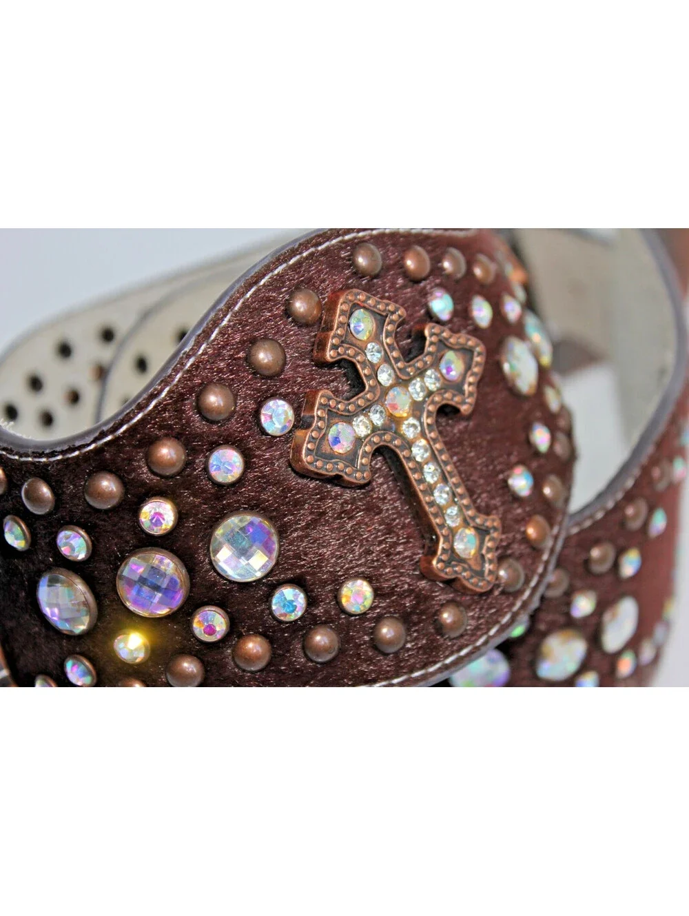 Nocona Women's Brown Hair on Hide Scalloped Bling Cross Belt Size L Copper A1504